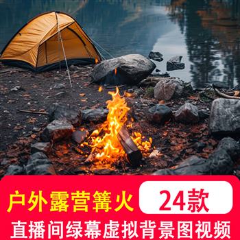 户外露营帐篷篝火树林夜晚野外娱乐直播间绿幕虚拟竖版背景图视频